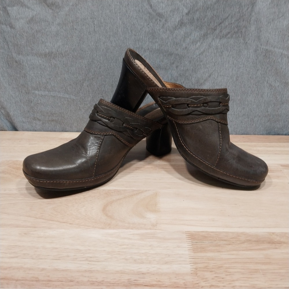 Clarks Artisan Mules Womens Leather Braided Block Heel Clogs 9M Brown